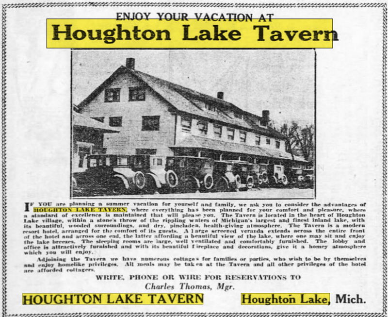 Houghton Lake Hotel (Houghton Lake Tavern) - Jul 3 1928 Ad